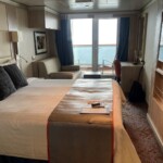 Our cabin was on deck 8, on the fantail. We had a great, unobstructed view with our own veranda. When we arrived the cabin was clean and well organized. The bathroom had a shower, which was ideal. Cabin